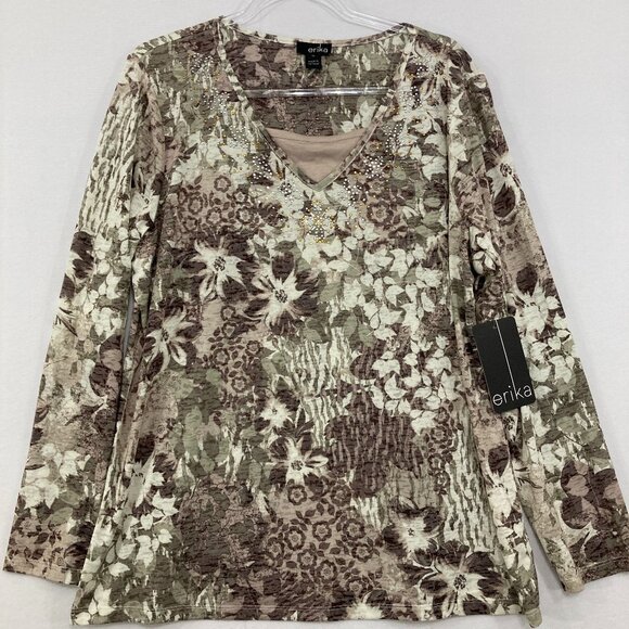 New Erika size XL Brown Gray Floral Abstract Stretch Knit Long Sleeve Blouse - Picture 1 of 10